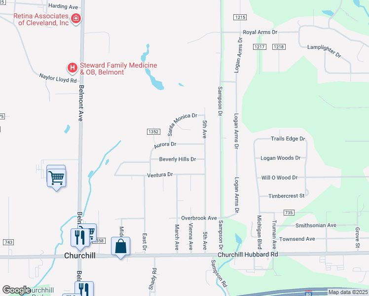 map of restaurants, bars, coffee shops, grocery stores, and more near 676 Beverly Hills Drive in Youngstown