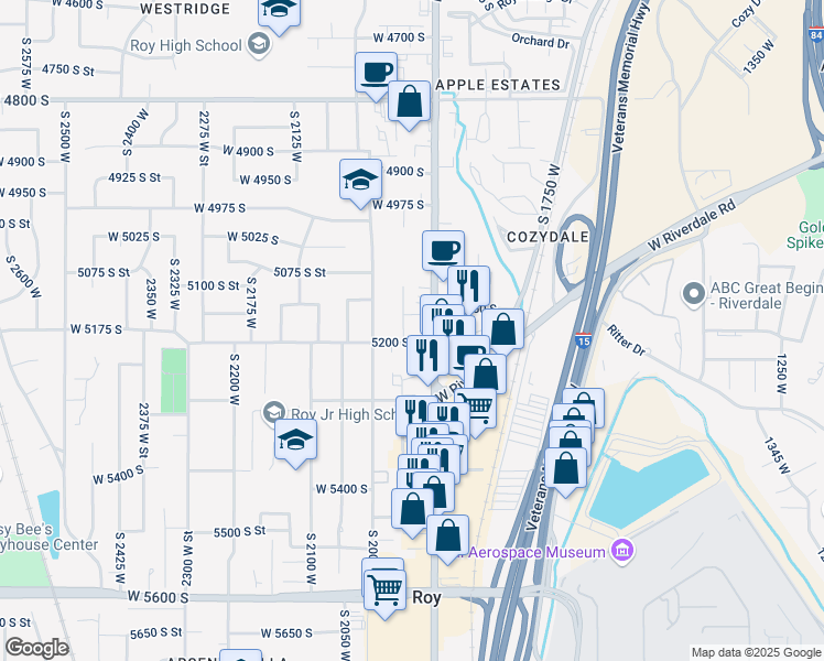 map of restaurants, bars, coffee shops, grocery stores, and more near 1955 5200 South Street in Roy