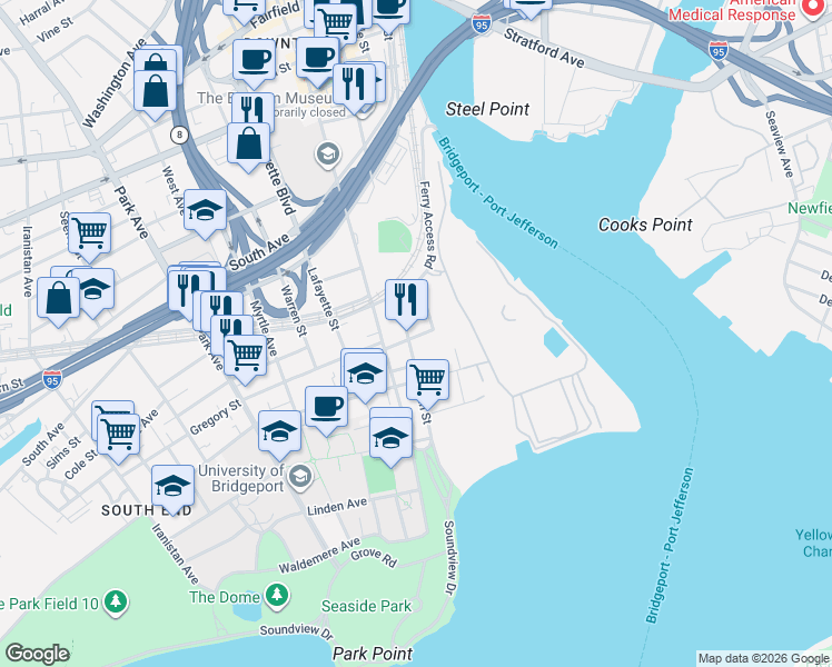 map of restaurants, bars, coffee shops, grocery stores, and more near 321 Main Street in Bridgeport