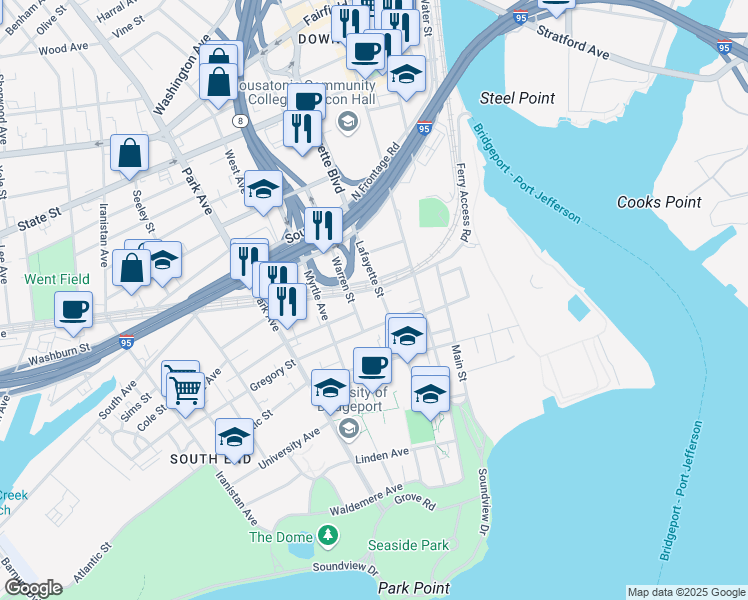 map of restaurants, bars, coffee shops, grocery stores, and more near 421 Lafayette Street in Bridgeport