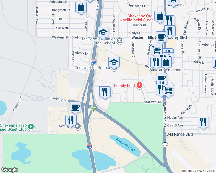 map of restaurants, bars, coffee shops, grocery stores, and more near 5474 Walker Road in Cheyenne