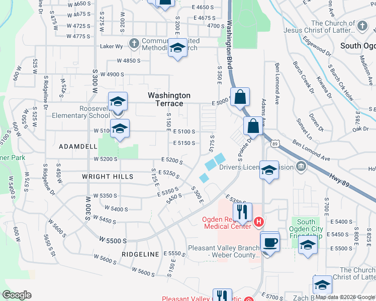 map of restaurants, bars, coffee shops, grocery stores, and more near 5160 South 200 East in Ogden