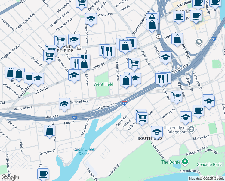 map of restaurants, bars, coffee shops, grocery stores, and more near 619-621 Iranistan Avenue in Bridgeport