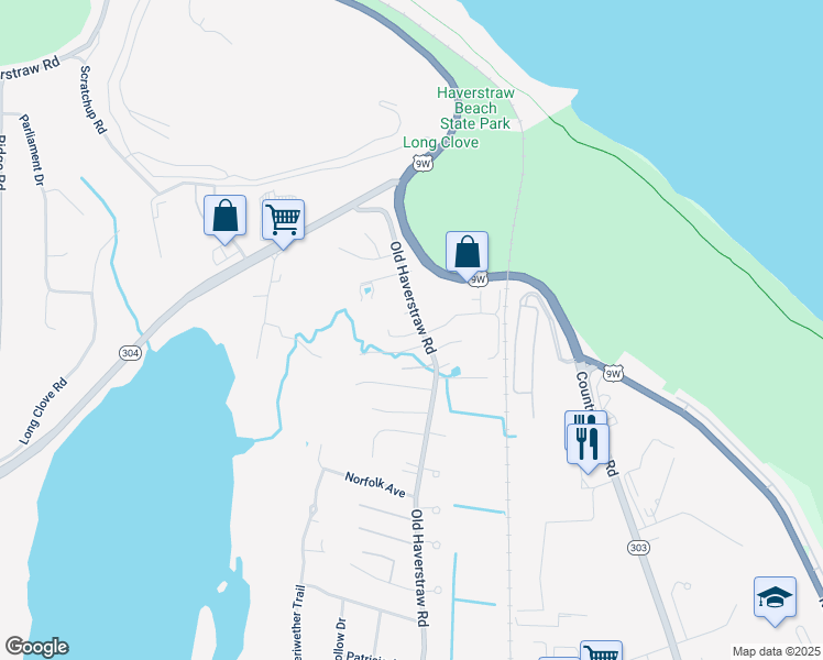 map of restaurants, bars, coffee shops, grocery stores, and more near 281 Old Haverstraw Road in Congers
