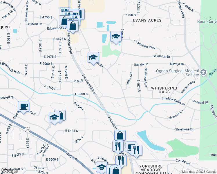 map of restaurants, bars, coffee shops, grocery stores, and more near 1425 Washakie Circle in Ogden