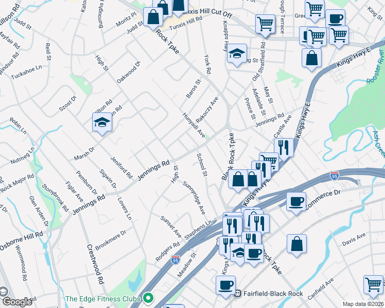 map of restaurants, bars, coffee shops, grocery stores, and more near 583 Jennings Road in Fairfield