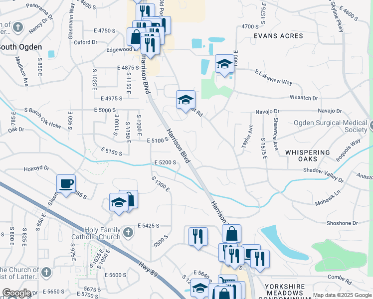 map of restaurants, bars, coffee shops, grocery stores, and more near 5135 Sunset Way in Ogden