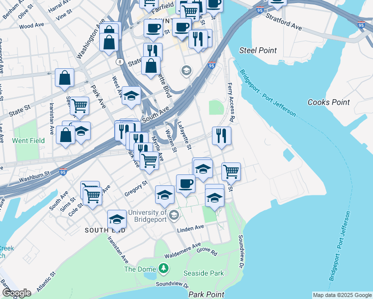 map of restaurants, bars, coffee shops, grocery stores, and more near 421 Lafayette Street in Bridgeport