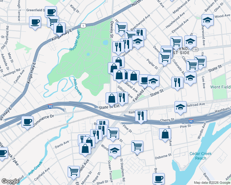 map of restaurants, bars, coffee shops, grocery stores, and more near 53 Ash Street in Bridgeport