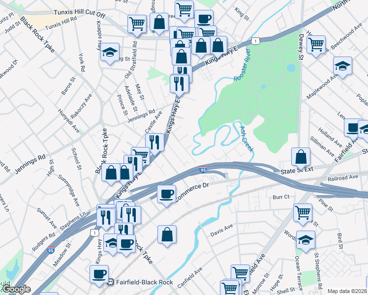 map of restaurants, bars, coffee shops, grocery stores, and more near 187 Fairchild Avenue in Fairfield