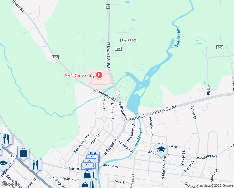 map of restaurants, bars, coffee shops, grocery stores, and more near 647 North Broad Street in Grove City