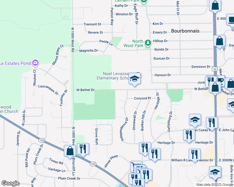 map of restaurants, bars, coffee shops, grocery stores, and more near 715 West Bethel Drive in Bourbonnais