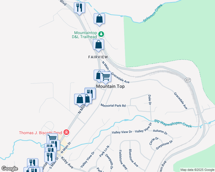 map of restaurants, bars, coffee shops, grocery stores, and more near 155 N Main St in Mountain Top