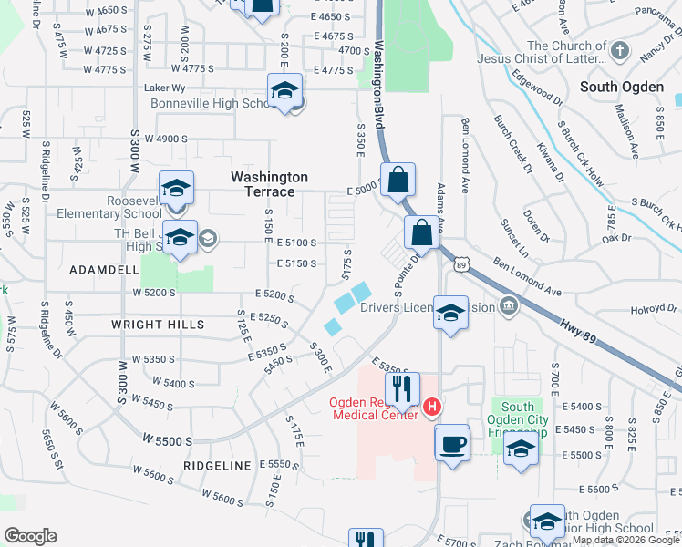 map of restaurants, bars, coffee shops, grocery stores, and more near 5145 South 350 East in Washington Terrace