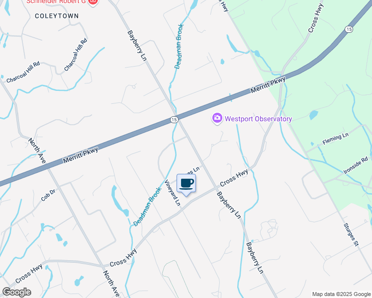 map of restaurants, bars, coffee shops, grocery stores, and more near 173 Bayberry Lane in Westport