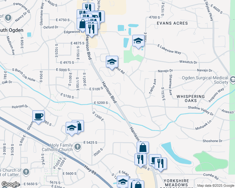 map of restaurants, bars, coffee shops, grocery stores, and more near 5142 Sunset Way in Ogden