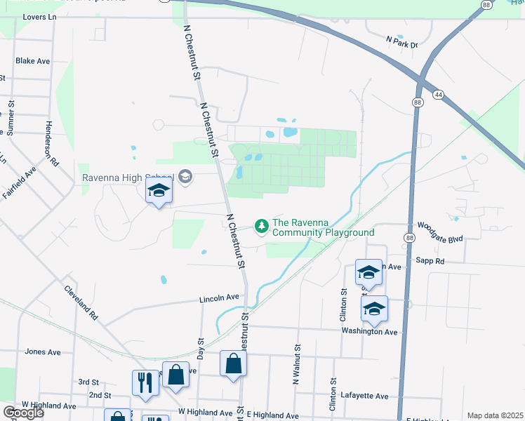 map of restaurants, bars, coffee shops, grocery stores, and more near 141 Chestnut Hill Drive in Ravenna