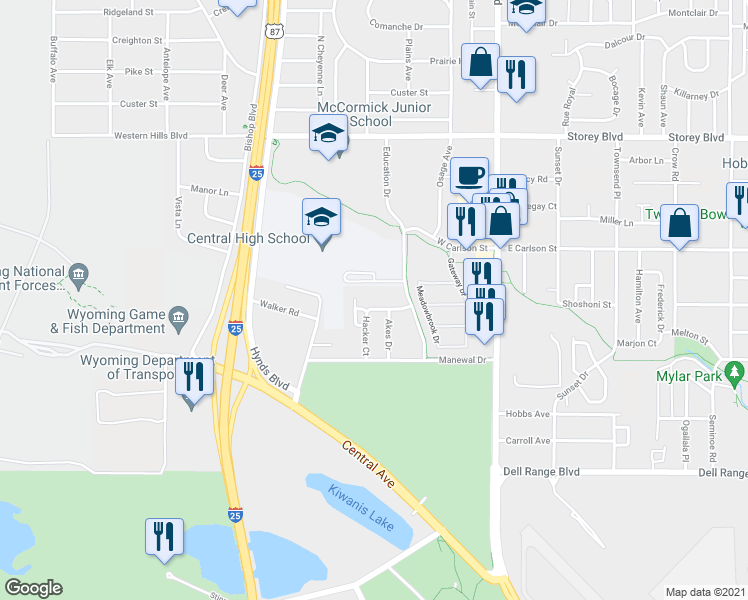 map of restaurants, bars, coffee shops, grocery stores, and more near 5414 Akes Drive in Cheyenne