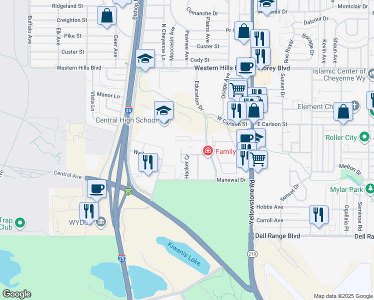 map of restaurants, bars, coffee shops, grocery stores, and more near 5414 Akes Drive in Cheyenne