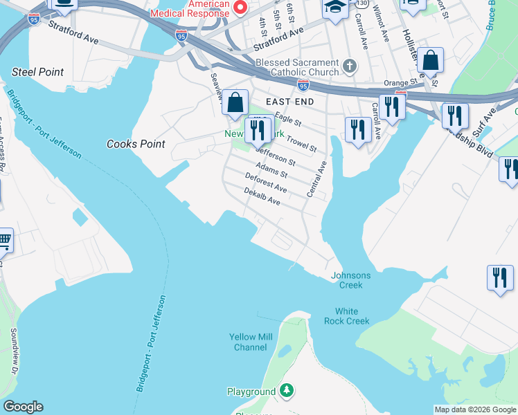 map of restaurants, bars, coffee shops, grocery stores, and more near 373 Seaview Avenue in Bridgeport