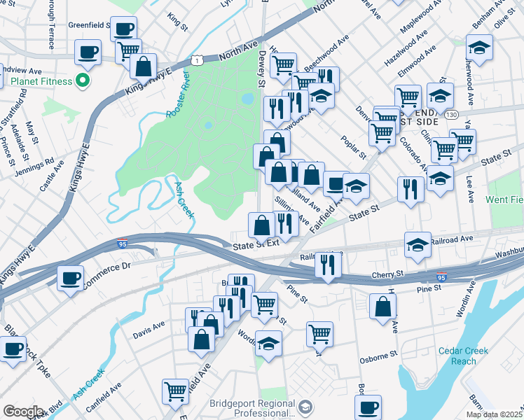 map of restaurants, bars, coffee shops, grocery stores, and more near 53 Ash Street in Bridgeport