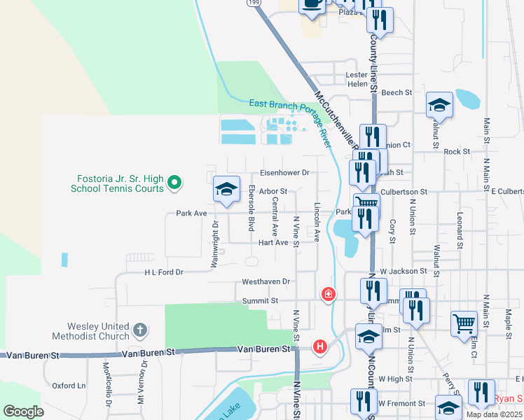 map of restaurants, bars, coffee shops, grocery stores, and more near 933-999 Ebersole Blvd in Fostoria