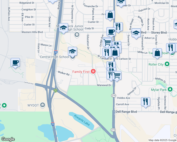 map of restaurants, bars, coffee shops, grocery stores, and more near 320 Hacker Court in Cheyenne