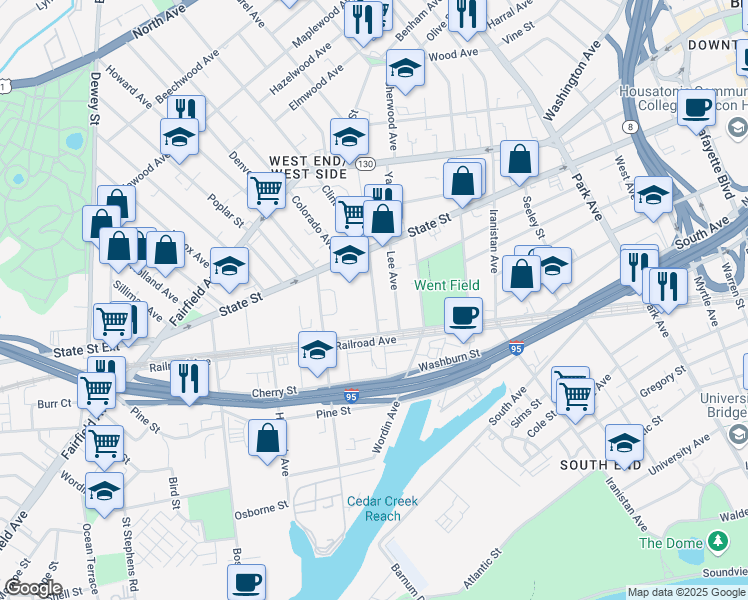 map of restaurants, bars, coffee shops, grocery stores, and more near 75 Clinton Avenue in Bridgeport