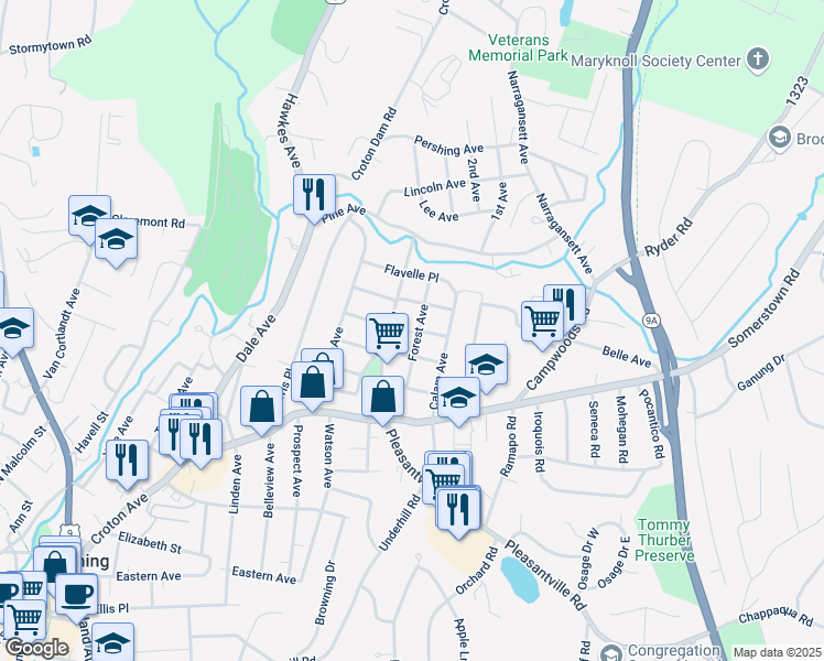 map of restaurants, bars, coffee shops, grocery stores, and more near 21 Forest Avenue in Ossining