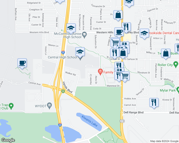 map of restaurants, bars, coffee shops, grocery stores, and more near 422 Hacker Court in Cheyenne