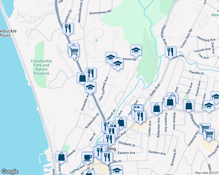 map of restaurants, bars, coffee shops, grocery stores, and more near 132 Claremont Gardens in Ossining
