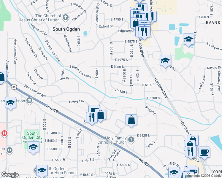 map of restaurants, bars, coffee shops, grocery stores, and more near 1057 East 5150 South in Ogden