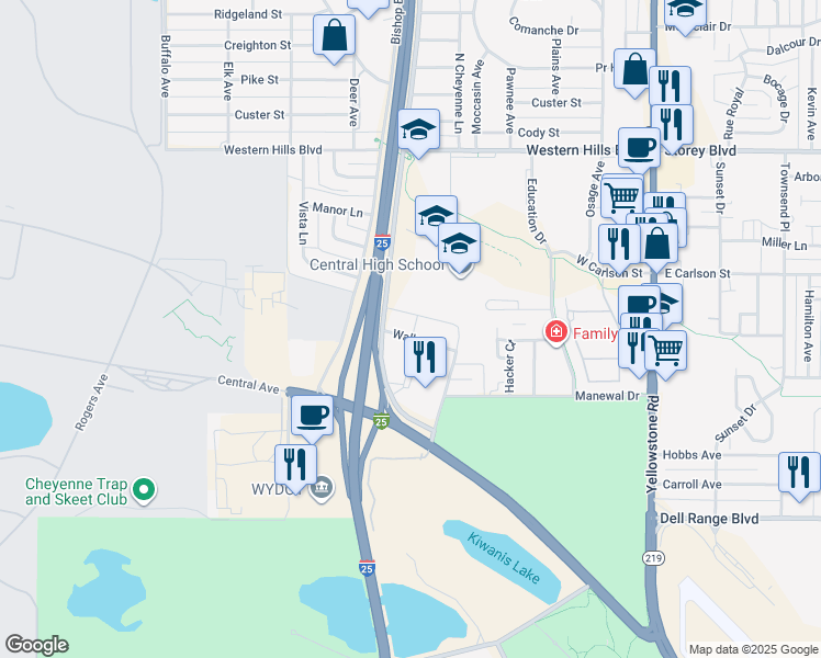 map of restaurants, bars, coffee shops, grocery stores, and more near 1433 Trent Court in Cheyenne