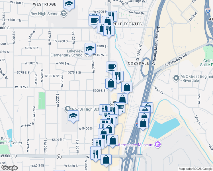 map of restaurants, bars, coffee shops, grocery stores, and more near 5174 South 1900 West in Roy