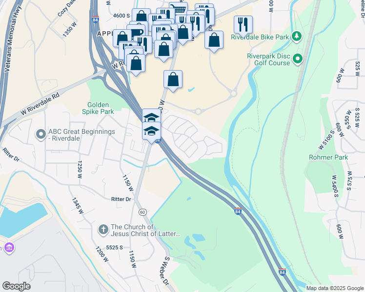 map of restaurants, bars, coffee shops, grocery stores, and more near 5100 South 1050 West in Riverdale