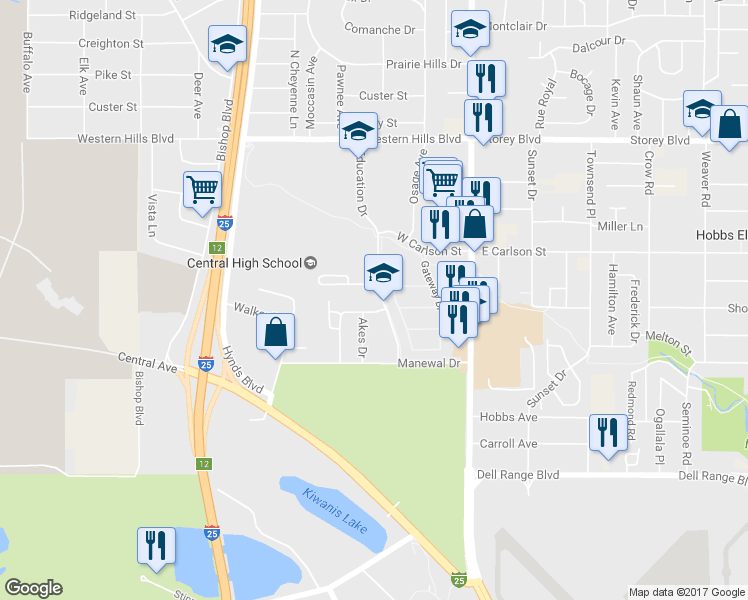 map of restaurants, bars, coffee shops, grocery stores, and more near 5414 Akes Drive in Cheyenne