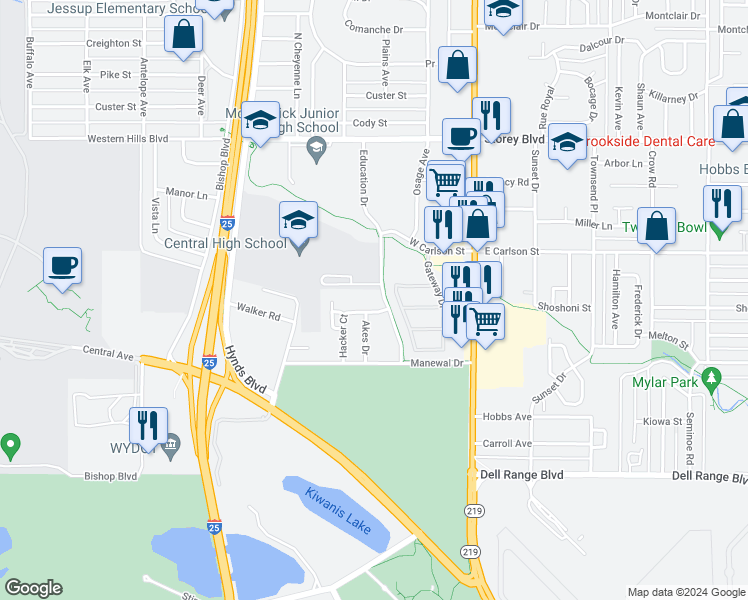 map of restaurants, bars, coffee shops, grocery stores, and more near 5414 Akes Drive in Cheyenne