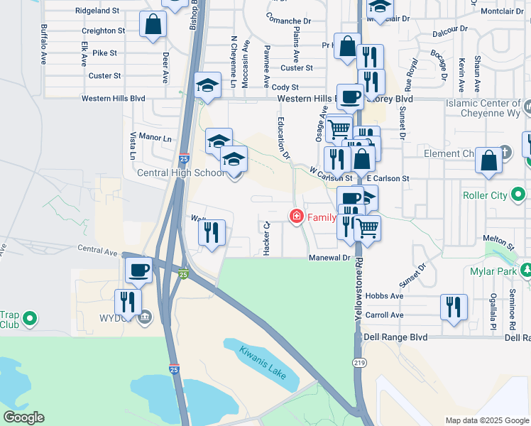 map of restaurants, bars, coffee shops, grocery stores, and more near 5414 Hacker Circle in Cheyenne
