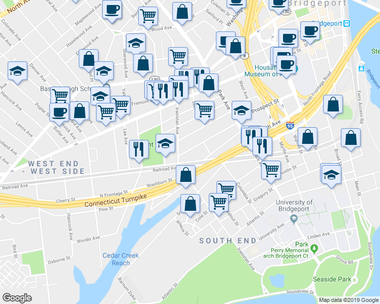 map of restaurants, bars, coffee shops, grocery stores, and more near 748 Railroad Avenue in Bridgeport