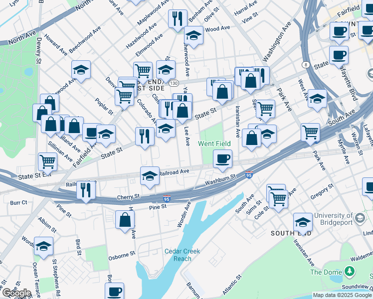 map of restaurants, bars, coffee shops, grocery stores, and more near 32 Clinton Avenue in Bridgeport