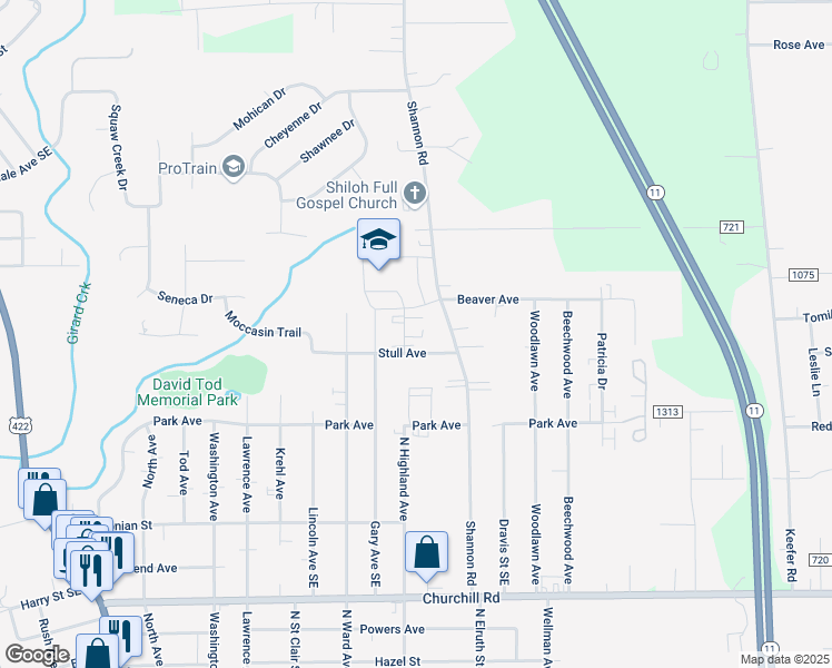 map of restaurants, bars, coffee shops, grocery stores, and more near 597 Stull Avenue in Girard