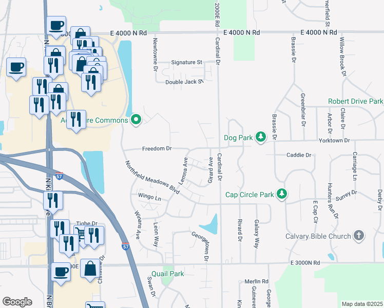 map of restaurants, bars, coffee shops, grocery stores, and more near 1585 Girard Way in Bourbonnais