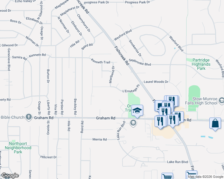 map of restaurants, bars, coffee shops, grocery stores, and more near 2859 Graham Road in Stow