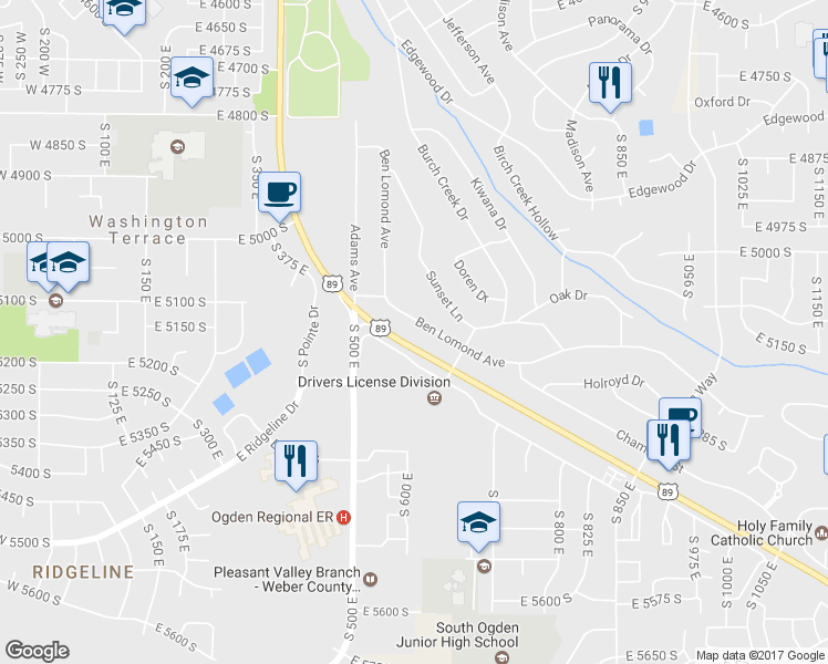 map of restaurants, bars, coffee shops, grocery stores, and more near 595 Ben Lomond Avenue in Ogden