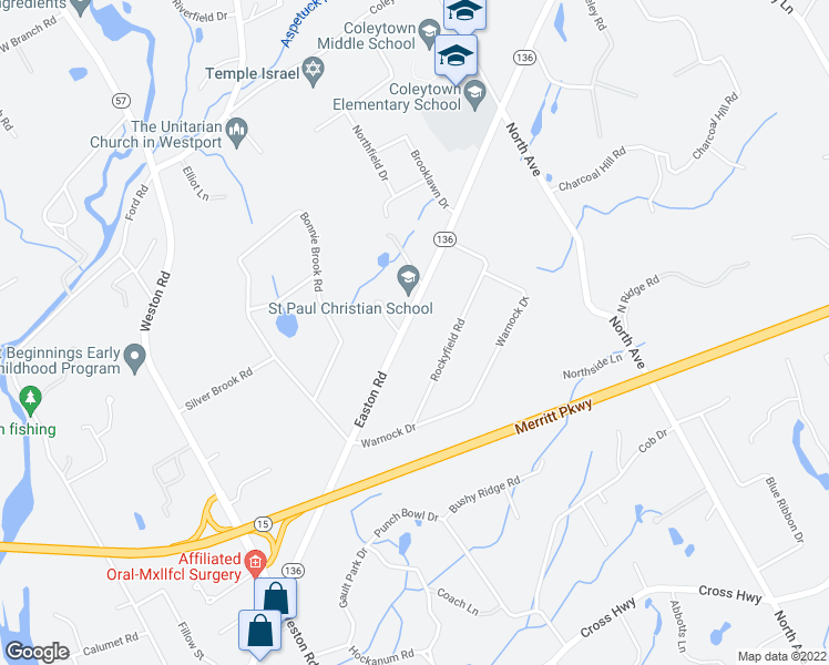 map of restaurants, bars, coffee shops, grocery stores, and more near 40 Easton Road in Westport