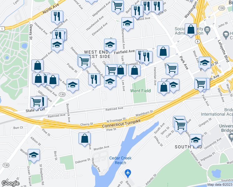 map of restaurants, bars, coffee shops, grocery stores, and more near 140 Clinton Avenue in Bridgeport