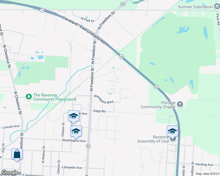 map of restaurants, bars, coffee shops, grocery stores, and more near 4514 Coe Road in Ravenna
