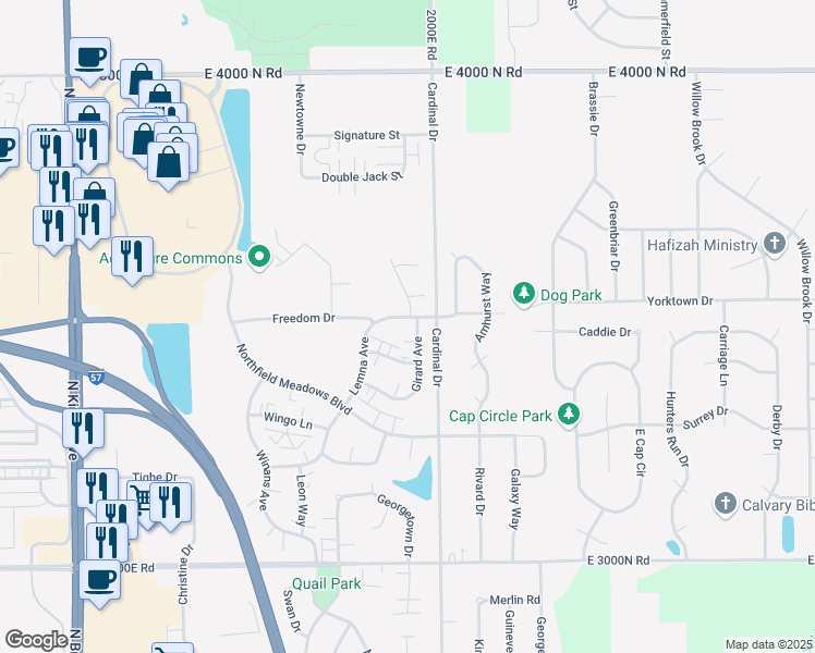 map of restaurants, bars, coffee shops, grocery stores, and more near 1596 Lemna Avenue in Bourbonnais