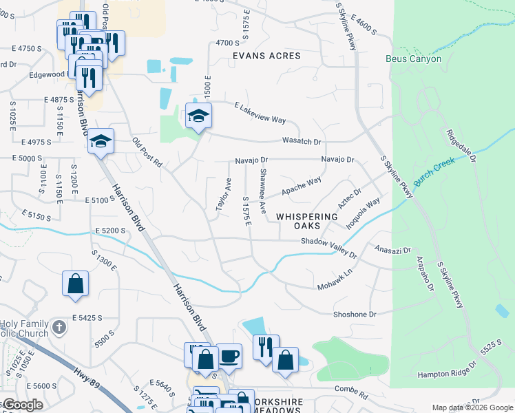 map of restaurants, bars, coffee shops, grocery stores, and more near 1595 Apache Way in Ogden