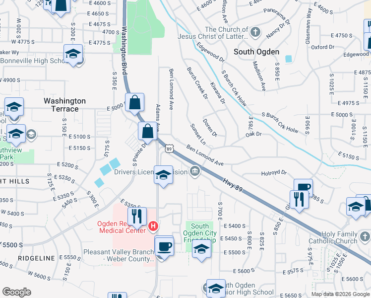 map of restaurants, bars, coffee shops, grocery stores, and more near 595 Ben Lomond Avenue in Ogden